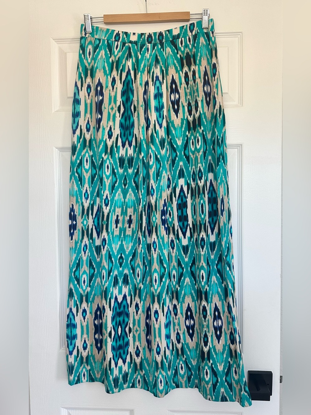 Cynthia Rowley Teal Blue Ikat Print Maxi Skirt Size L Stretch Waist